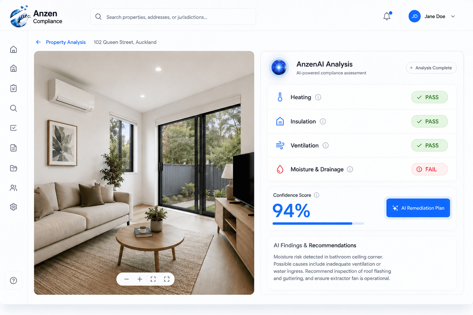 An AI-assisted property assessment displayed in Anzen Compliance