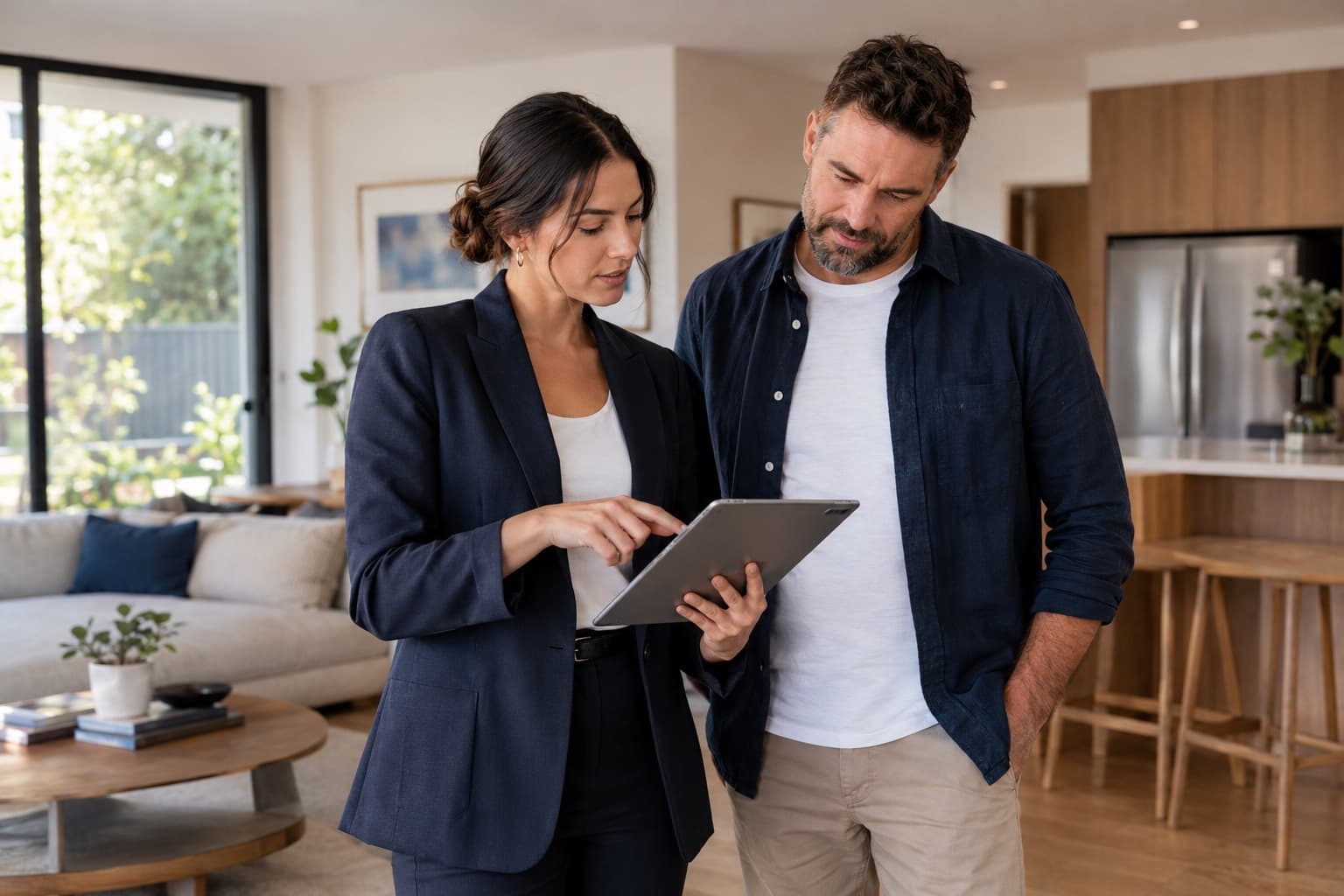 Illustrative scene of a property manager and rental owner reviewing a home together